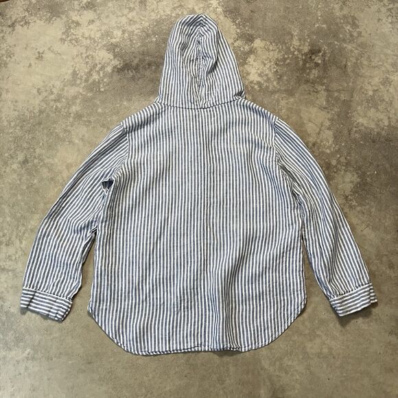 Tahari Top Womens Medium Linen Blue Striped Hooded Button Front‎ Shirt Jacket - Picture 4 of 8